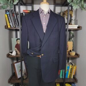 VTG Chaps Ralph Lauren Mens Sport Coat Blazer Two Button Navy Blue Wool Size 46R